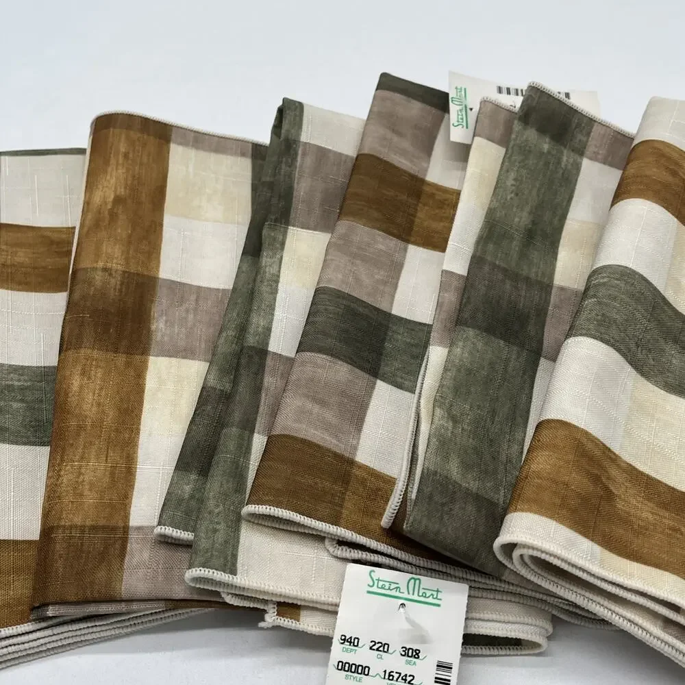 Vintage Set Of 6 Home Wear Plaid Cloth Napkins Ivory Polyester Green Brown 18x18